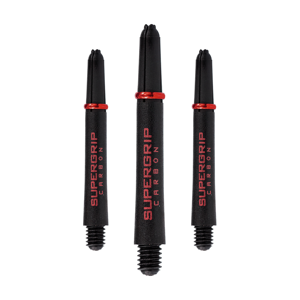 Das Bild zeigt drei schwarze Harrows Supergrip Carbon Shafts mit roten Akzenten. Die Shafts sind in unterschiedlichen Längen angeordnet und haben den Aufdruck "SUPERGRIP CARBON" in Rot.